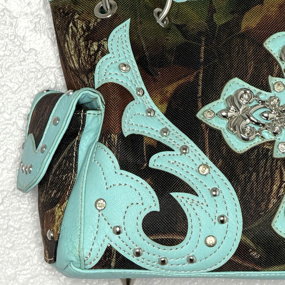 Heritage West Blue Green Camouflage Rhinestone Cross Western Double Strap Purse - Picture 4 of 13